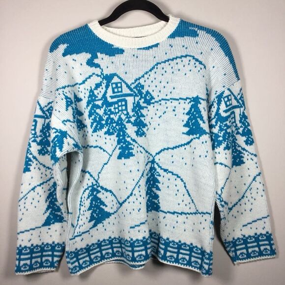 Vintage 90s Winter Ski Lodge Cabincore Cottagecore Novelty Knitted Sweater M - Picture 1 of 7